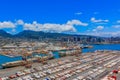 Aerial view of the port and mountains in Honolulu Hawaii