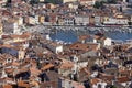 Aerial view of port with moored boats. Typical red ceramic roof tile, Rovinj, Croatia, Istria