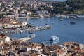 Aerial view of port with moored boats. Typical red ceramic roof tile, Rovinj, Croatia, Istria