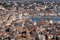 Aerial view of port with moored boats. Typical red ceramic roof tile, Rovinj, Croatia, Istria