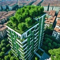 Aerial view of Porta Nuova neighborhood with the Bosco or Vertical residences with balconies adorned with several trees and