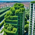 Aerial view of Porta Nuova neighborhood with the Bosco or Vertical residences with balconies adorned with several trees and