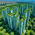 Aerial view of Porta Nuova neighborhood with the Bosco or Vertical residences with balconies adorned with several trees and