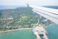 Aerial view of Portland harbor and Atlantic ocean Royalty Free Stock Photo