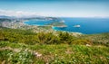 Aerial view of Porto Rafti town. Bright spring seascape of Aegean sea. Sunny morning panorama of the Greece, Europe. Beauty of Royalty Free Stock Photo