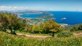 Aerial view of Porto Rafti town. Colorful spring seascape of Aegean sea. Sunny morning panorama of the Greece, Europe. Beauty of Royalty Free Stock Photo