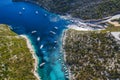 Aerial view of Porto Vromi with many fisher and tourist pleasure boats in the blue bay. Zakynthos - Zante island, Greece Royalty Free Stock Photo