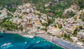 Aerial view of Positano Beach on a beautiful summer day