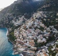 Aerial view of Positano with colourful rooftop along the Amalfi coast, Salerno, Italy