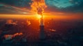 Aerial view of power plant chimney at sunset. Industrial landscape, GenerativeAI