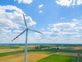 Aerial view of powerful Wind turbine farm for energy production on beautiful cloudy sky at highland. Wind power turbines Royalty Free Stock Photo