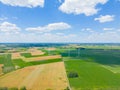 Aerial view of powerful Wind turbine farm for energy production on beautiful cloudy sky at highland. Wind power turbines Royalty Free Stock Photo