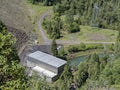 An aerial view of the powerhouse at the base of the Hills Creek Dam near Oakridge, Oregon, USA