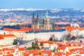 Aerial view of Prague Castle, Czech: Prazsky hrad, with Saint Vitus Cathedral. Panoramic view from Petrin lookout tower Royalty Free Stock Photo