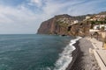 Aerial view of Praia de Vigario in Camara de Lobos on Madeira island, Portugal, Europe. Black stone beach in Atlantic Ocean