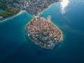 Aerial view of Primosten old town, amazing landscape, Dalmatia, Croatia, tourist resort on Adriatic sea coast, travel background