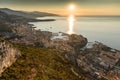 Aerial view of the Principality of Monaco at sunrise, Monte-Carlo, old town, view point in La Turbie at morning, port