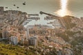 Aerial view of the Principality of Monaco at sunrise, Monte-Carlo, old town, view point in La Turbie at morning, port Royalty Free Stock Photo