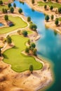 aerial view of a pristine golf course with sand traps and water hazards Royalty Free Stock Photo