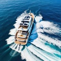 Aerial view of a private yacht on calm representing the luxurious and extravagant
