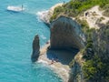 Aerial view of the promontory of Sidari in the northern part of the island of Corfu, Greece. Details of the cliff