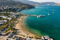 Aerial view of the public beach in the resort town of Elounda on the island of Crete Greece Royalty Free Stock Photo