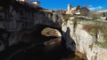 Aerial view of Puentedey, a picturesque village with a natural bridge over the river. Burgos, Spain