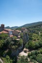 Aerial view of Puentedey on a sunny day, a beautiful village in Burgos, Merindades, Spain