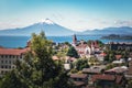 Aerial view of Puerto Varas with Sacred Heart Church and Osorno Volcano - Puerto Varas, Chile