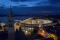 An aerial view of Pula aphitheatre by night, Istria, Croatia