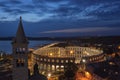 Pula amphitheatre by night, aerial view, Istria, Croatia