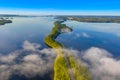 Aerial view of Pulkkilanharju Ridge, Paijanne National Park, southern part of Lake Paijanne. Landscape with drone. Fog, Blue lakes