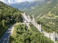 Aerial view of Pyramides d`Euseigne in Swiss Alp. Royalty Free Stock Photo