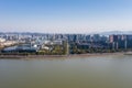 Aerial view of Qiantang River Bridge and modern city skyline in Hangzhou, China