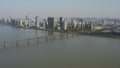 Aerial view of Qiantang River Bridge and modern city skyline in Hangzhou, China