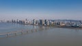 Aerial view of Qiantang River Bridge and modern city skyline in Hangzhou, China