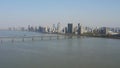 Aerial view of Qiantang River Bridge and modern city skyline in Hangzhou, China