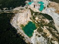 Aerial view quarry extraction porcelain clay, kaolin, with turquoise water