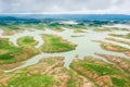 Aerial view of Queen Sirikit Dam in Nan Province, Nan River, Thailand. Rainy season. Royalty Free Stock Photo