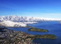 Aerial view of Queenstown in winter time.