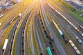 Aerial view of rail sorting freight station with various wagons, with many rail tracks railroad. Heavy industry landscape Royalty Free Stock Photo