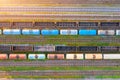 Aerial view of rail sorting freight station with various wagons, with many rail tracks railroad. Heavy industry Royalty Free Stock Photo