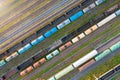 Aerial view of rail sorting freight station with various wagons, with many rail tracks railroad. Heavy industry landscape Royalty Free Stock Photo