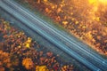 Aerial view of railroad in beautiful forest at sunset in autumn Royalty Free Stock Photo