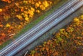 Aerial view of railroad in beautiful forest at sunset in autumn Royalty Free Stock Photo