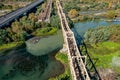 Aerial view of the railroad bridge above a river in Maule region, Chile. Top view of the railroad from drone Royalty Free Stock Photo