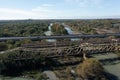 Aerial view of the railroad bridge above a river in Maule region, Chile. Top view of the railroad from drone Royalty Free Stock Photo