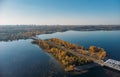 Aerial view of railroad bridge over river in autumn day Royalty Free Stock Photo