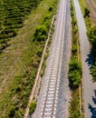 aerial view of railroad tracks in country. Royalty Free Stock Photo