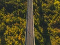Aerial view of the railroad tracks for high-speed trains on the flyover. Panoramic autumn view of the surrounding forest Royalty Free Stock Photo